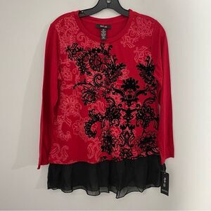 Style & Co. Women’s Textured Floral Front Red Long Sleeve Ruffle Hemline Blouse